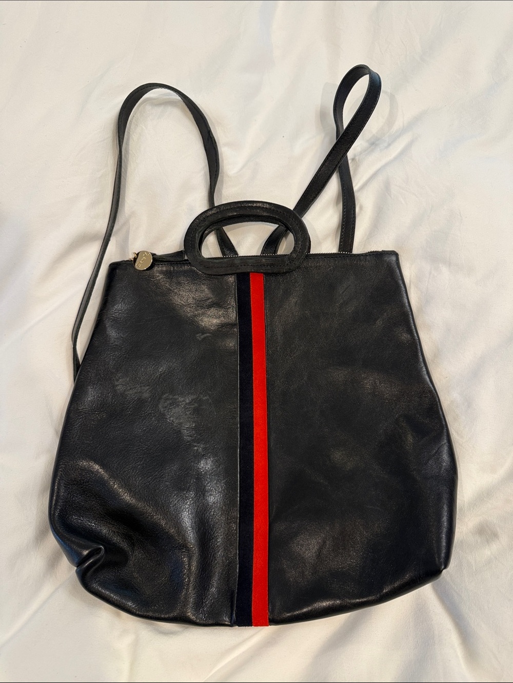 Clare V Black Leather backpack with Red and black Center Stripe and Black Trim